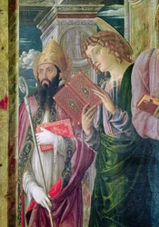 Altarbild des Heiligen Zeno von Verona, Detail des linken Panels, das Johannes den Täufer und Augustinus darstellt, 1456-60